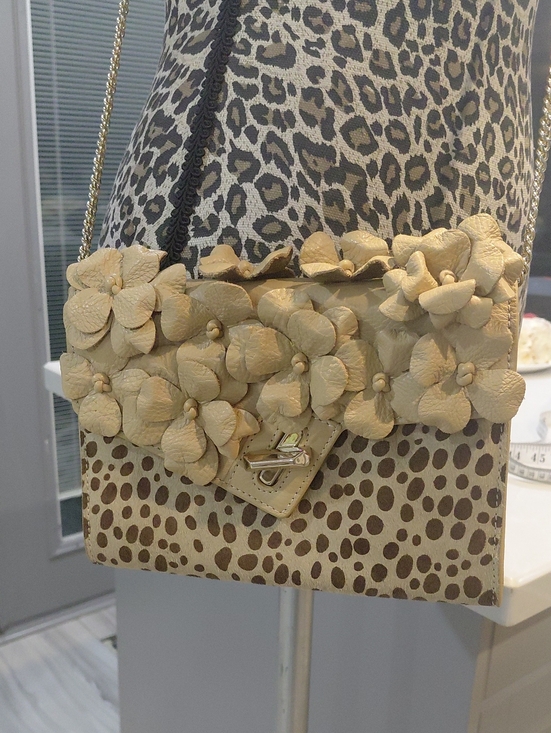 Ela Handbags - Floral Applique Calf Hair Leopard-Print Crossbody Bag in Beige